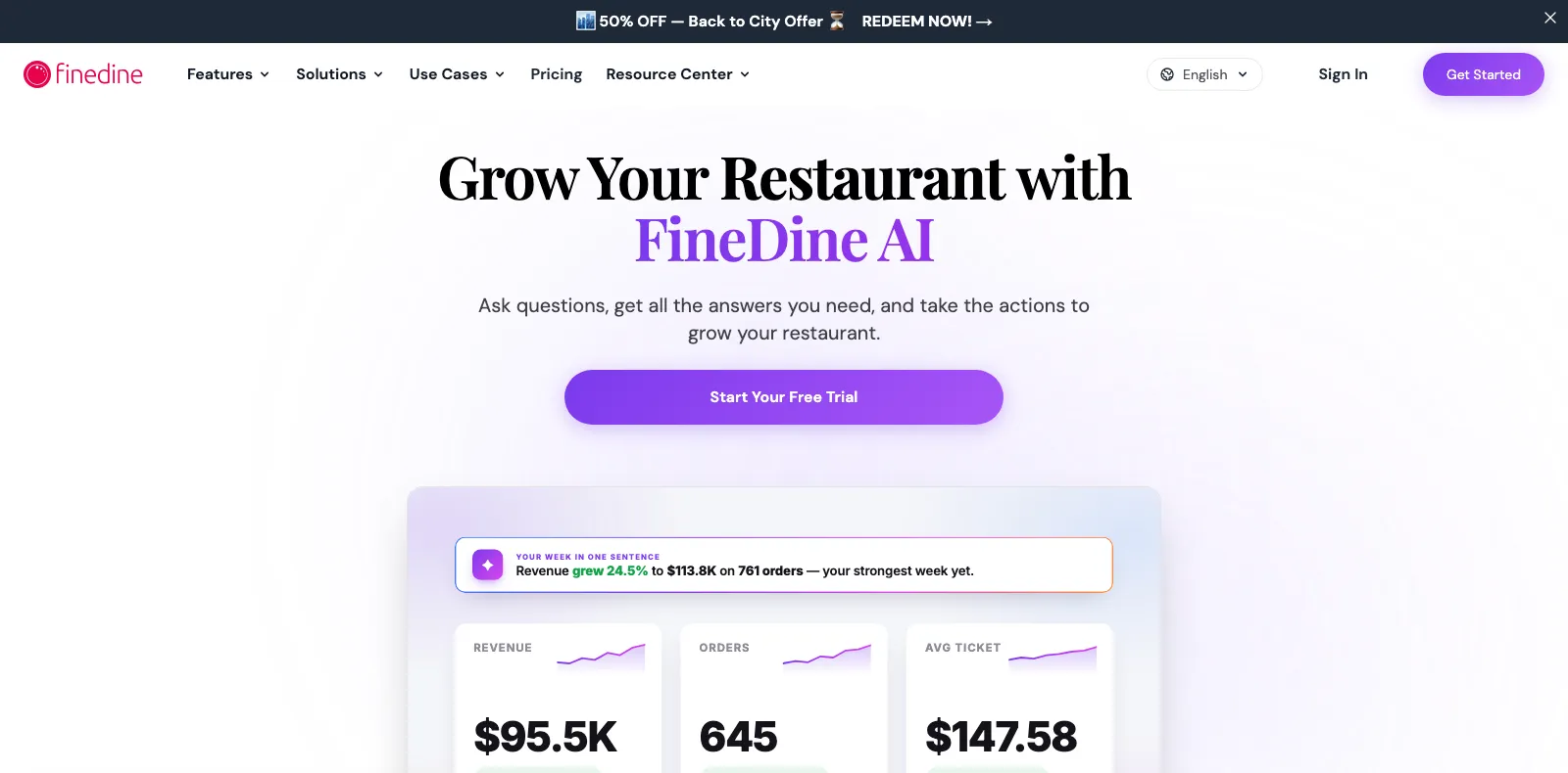 The FineDine home page, Grow Your Restaurant with FineDine AI, with a revenue and orders dashboard