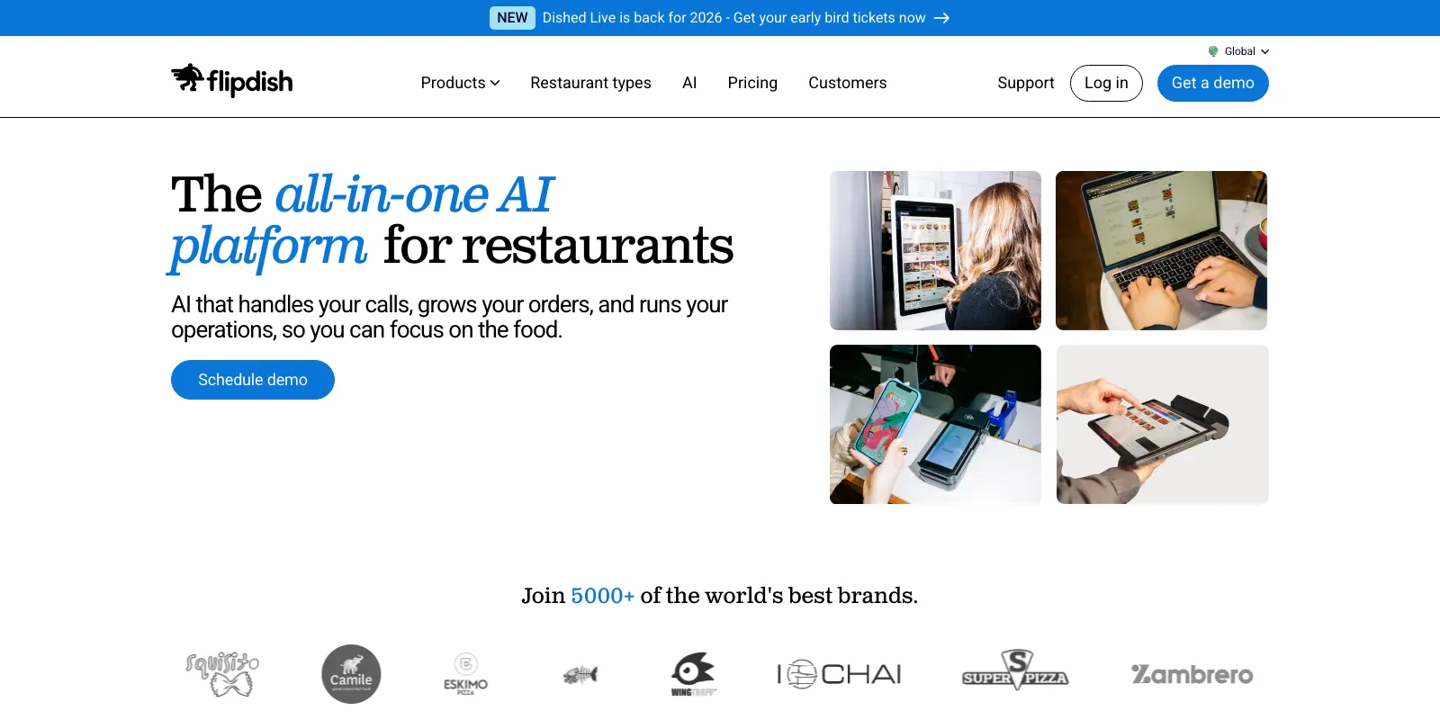 The Flipdish home page, The all-in-one AI platform for restaurants, with photos of kiosks, phones and card terminals