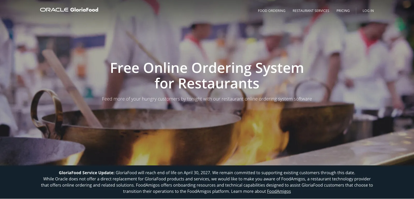 The GloriaFood home page with the headline Free Online Ordering System for Restaurants and a service update announcing the end of life date