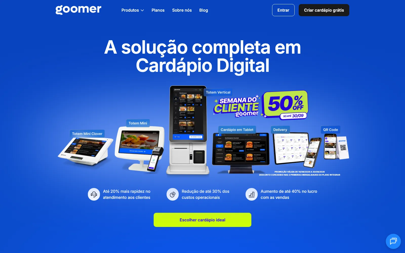 The Goomer home page, A solução completa em Cardápio Digital, showing self-service totems, tablet menus, delivery and QR code products