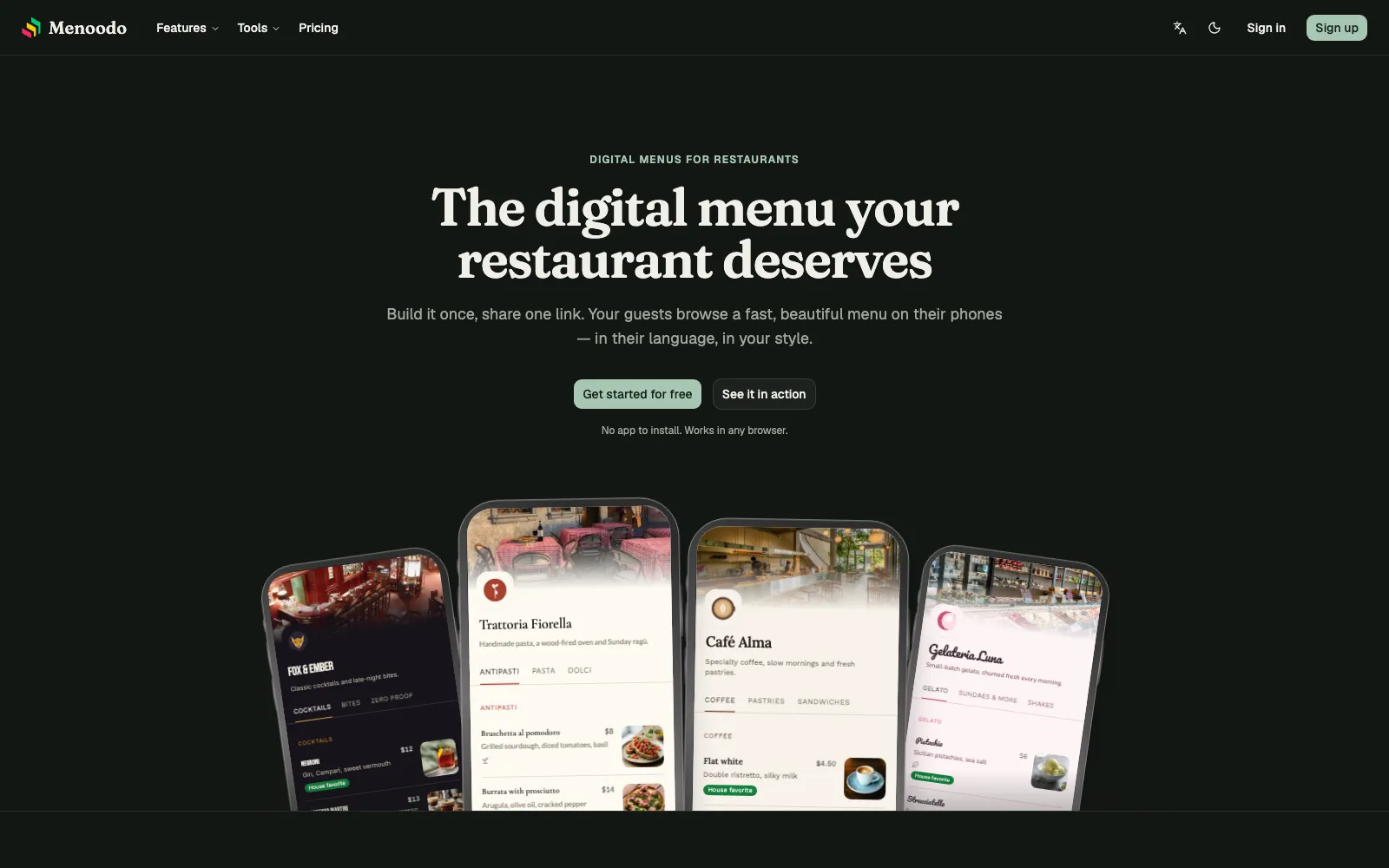 The Menoodo home page, The digital menu your restaurant deserves, with four phones showing menus in different restaurant styles