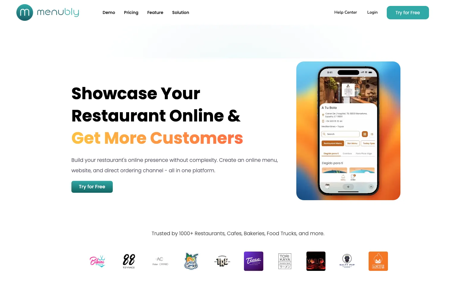 The Menubly home page, Showcase Your Restaurant Online and Get More Customers, with a phone showing a restaurant mini-site