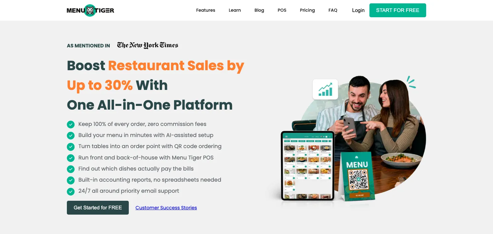 The MENU TIGER home page, promising to boost restaurant sales with an all-in-one platform, next to a tablet menu and a QR code table tent