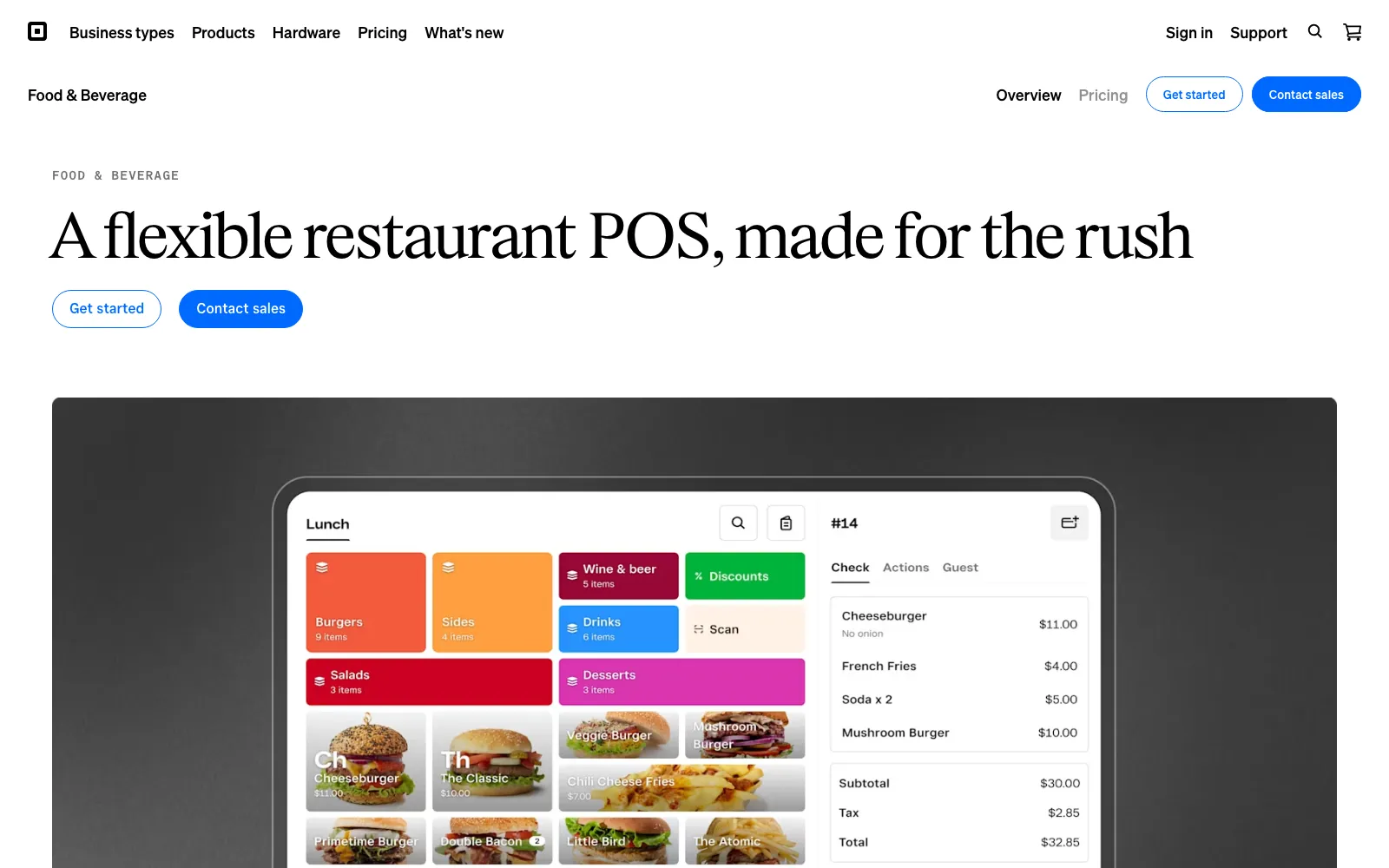 The Square for Restaurants page, headlined A flexible restaurant POS made for the rush, showing the point-of-sale screen with a lunch menu