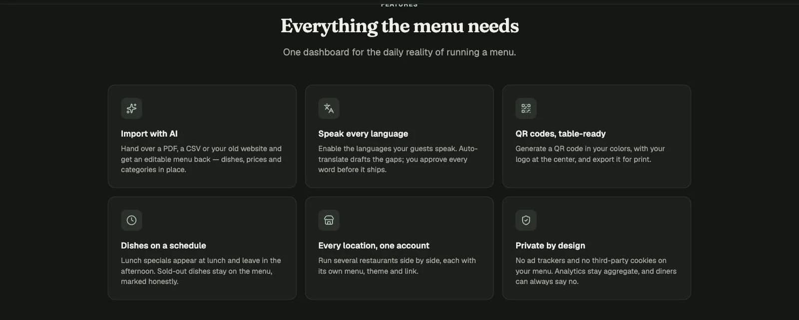 The Menoodo feature grid: AI import, languages, QR codes, scheduling, multiple restaurants and privacy