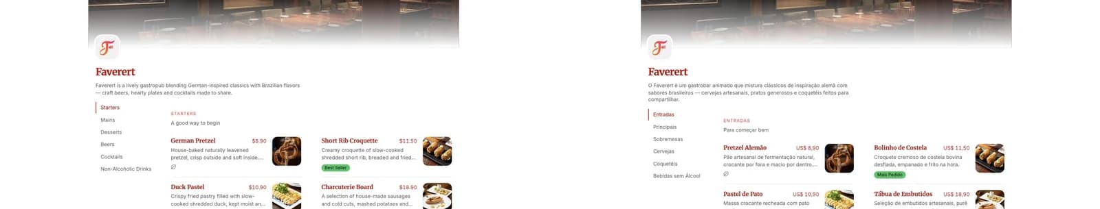 The same demo menu side by side in English and Portuguese, with the language flag in the header