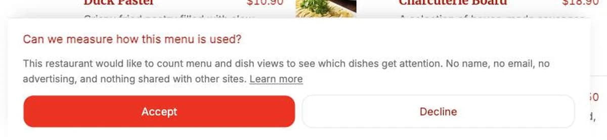 The consent prompt at the bottom of a menu, asking whether views can be counted, with accept and decline buttons