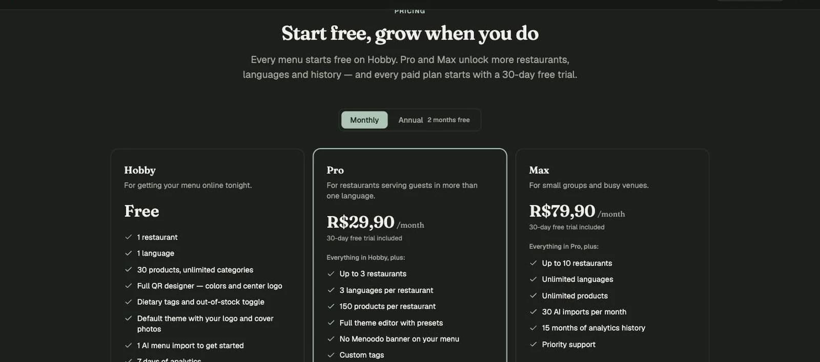 The Menoodo pricing table with the Hobby, Pro and Max plans