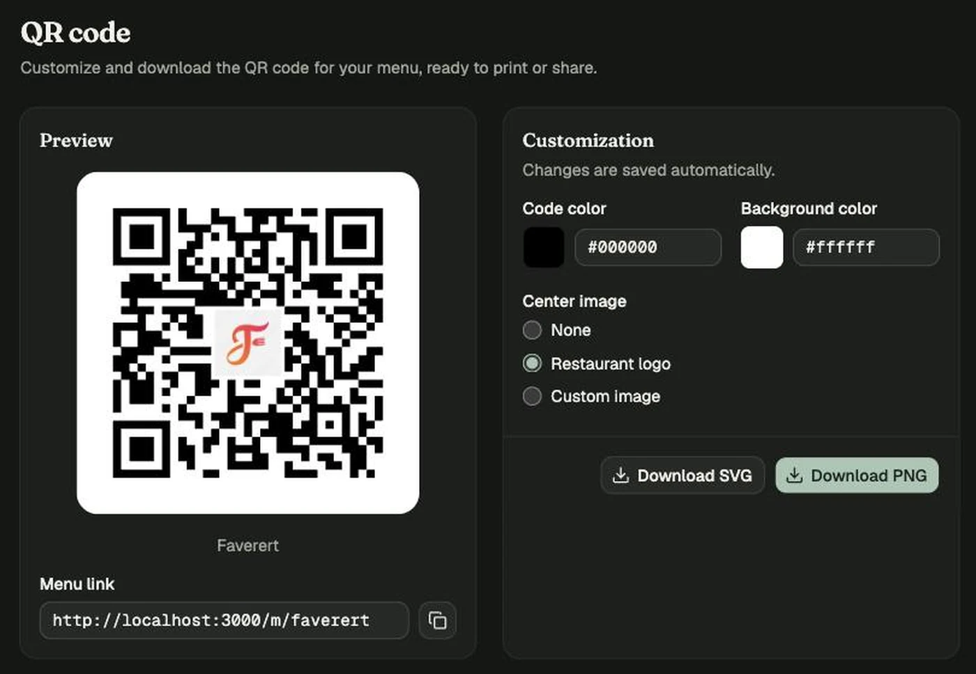 The free Menoodo QR generator with a dark green code, a print preview and SVG and PNG export buttons