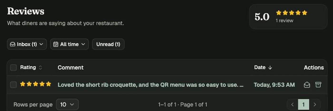 The reviews panel with a 4.8 average and three recent diner reviews