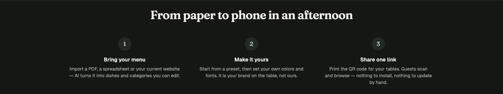 The three setup steps on the Menoodo home page: bring your menu, make it yours, share one link