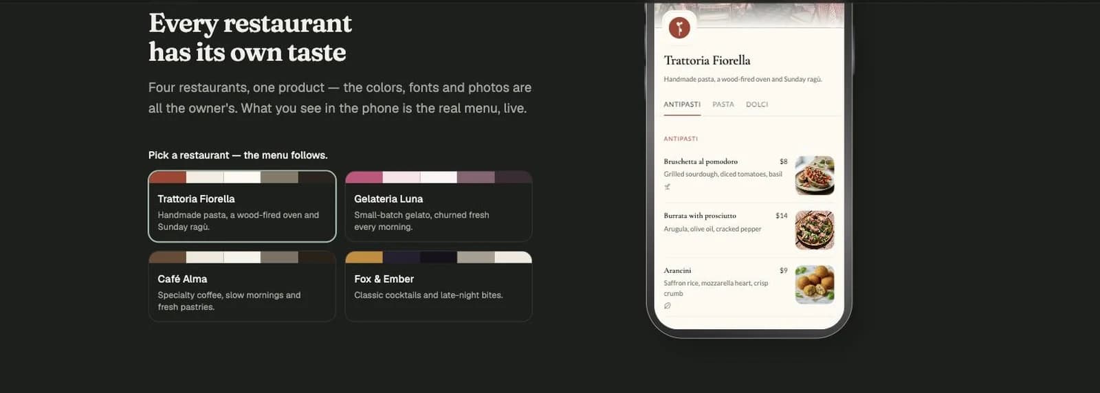 The theming section: four restaurant presets on the left and a live phone preview of the Trattoria Fiorella menu on the right